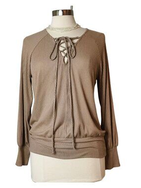 Daytrip Womens M Lace-Up Top Taupe Lng Slv Ribbed Stretch Preppy Cozy Coastal